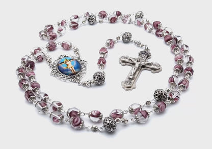 The Crucifixion unique rosary beads with marbled pink glass and silver beads, silver crucifix and picture centre medal.