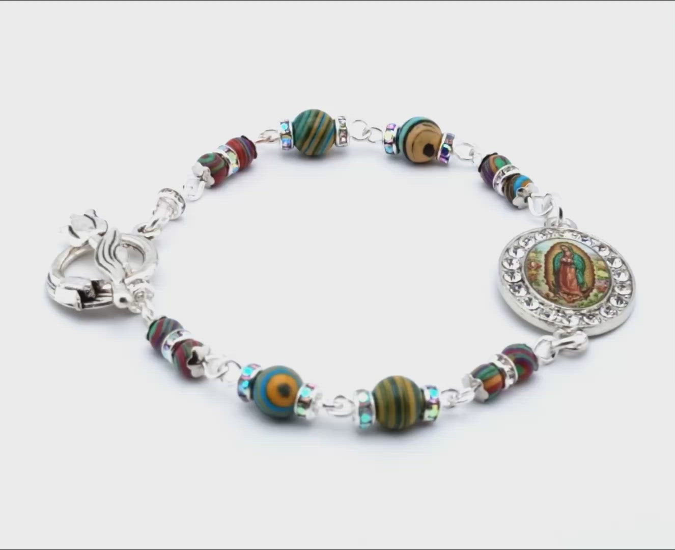 Our Lady of Guadalupe unique rosary beads with multicoloured gemstone beads, silver clasp and picture medal.
