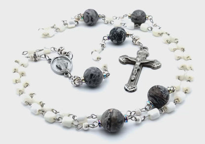 Miraculous Medal unique rosary beads with mother of pearl beads, agate pater beads, pewter centre medal and crucifix.