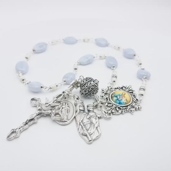 Saint Dom Bosco and Our Lady Help of Christians unique rosary beads single decade or tenner rosary with lace agate gemstone beads, silver pater bead, Holy Spirit crucifix, picture centre medal and end medals.