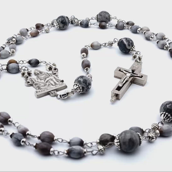 La Pieta unique rosary beads with Jobs Tears beads, agate gemstone pater beads, silver centre medal and relic crucifix.