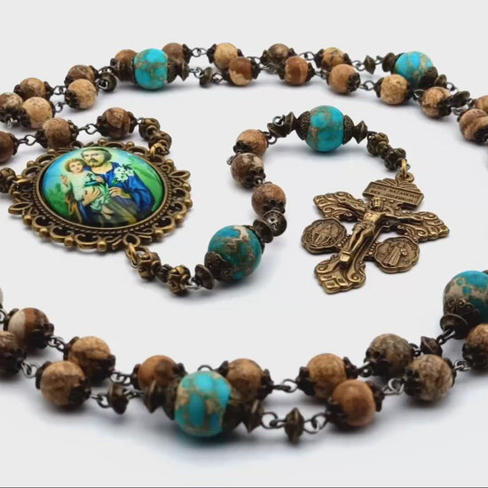 Saint Joseph unique rosary beads with jasper gemstone beads, bronze pardon crucifix, bead caps and large picture centre medal.
