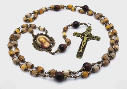 Crowning with Thorns unique rosary beads with natural and tigers eye gemstone beads, brass crucifix and bronze picture centre medal.
