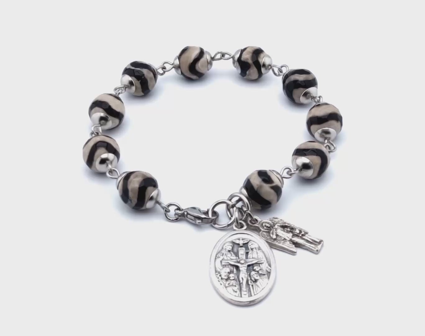 Holy Trinity unique rosary beads single decade rosary bracelet with striped gemstone beads, stainless steel clasp and silver medals.