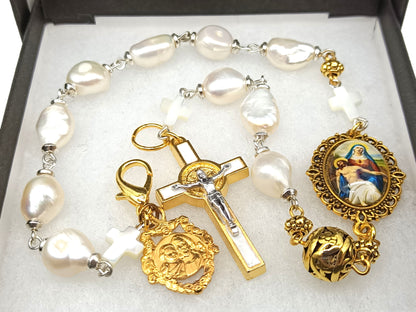 Pocket servite unique rosary beads with fresh water pearl beads and gold crucifix, medals and clasp.