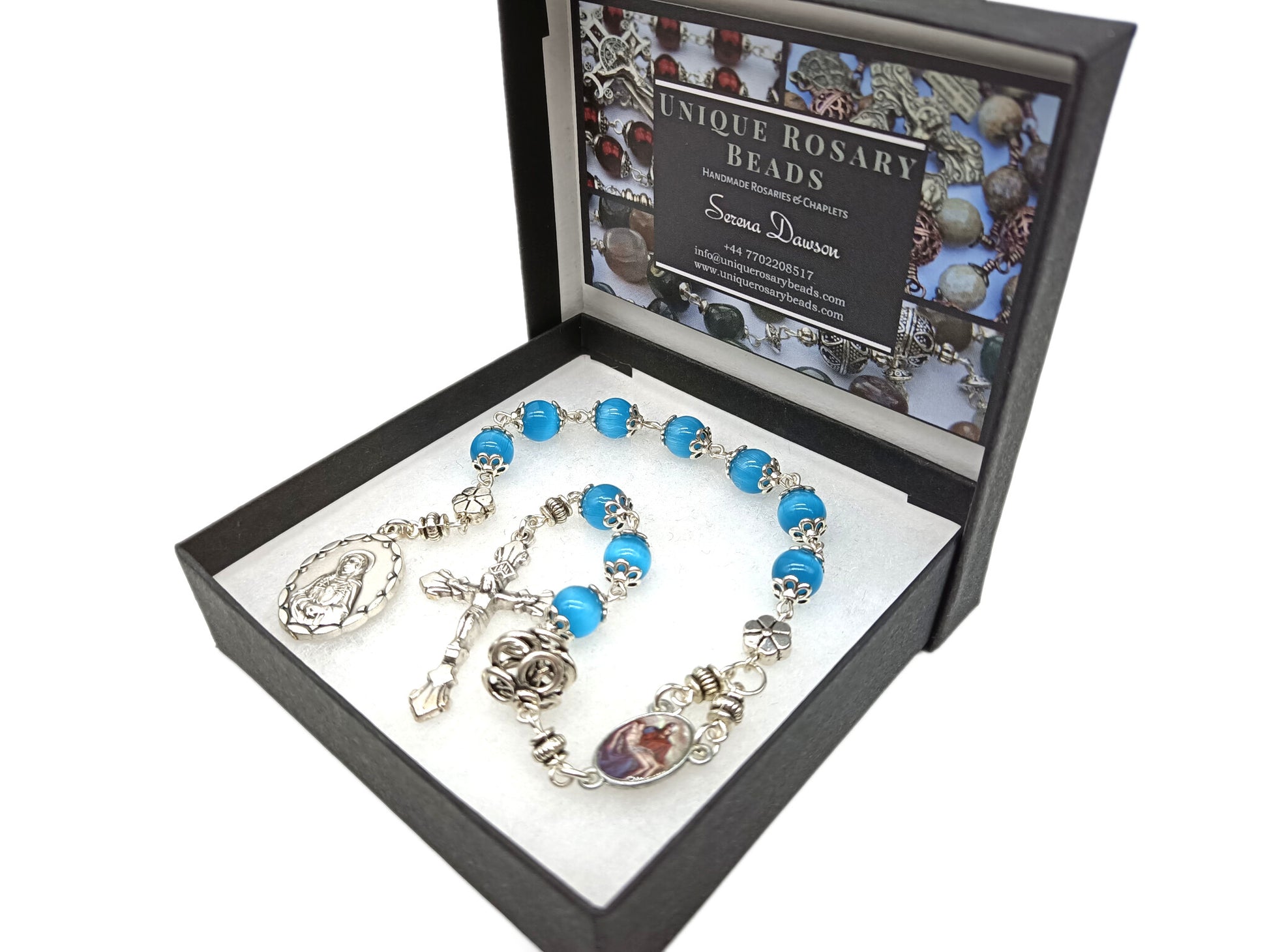 Pocket servite unique dolor rosary beads with blue glass beads and silver crucifix, medals and dolour bead.