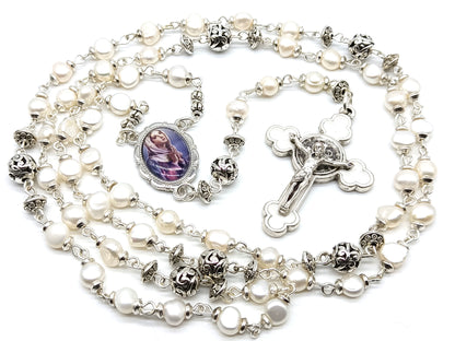 Genuine pearl unique dolor rosary with white enamel crucifix and silver Our Lady picture medal and silver dolour beads.