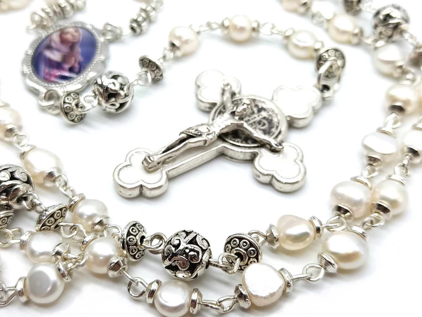 Genuine pearl unique dolor rosary with white enamel crucifix and silver Our Lady picture medal and silver dolour beads.