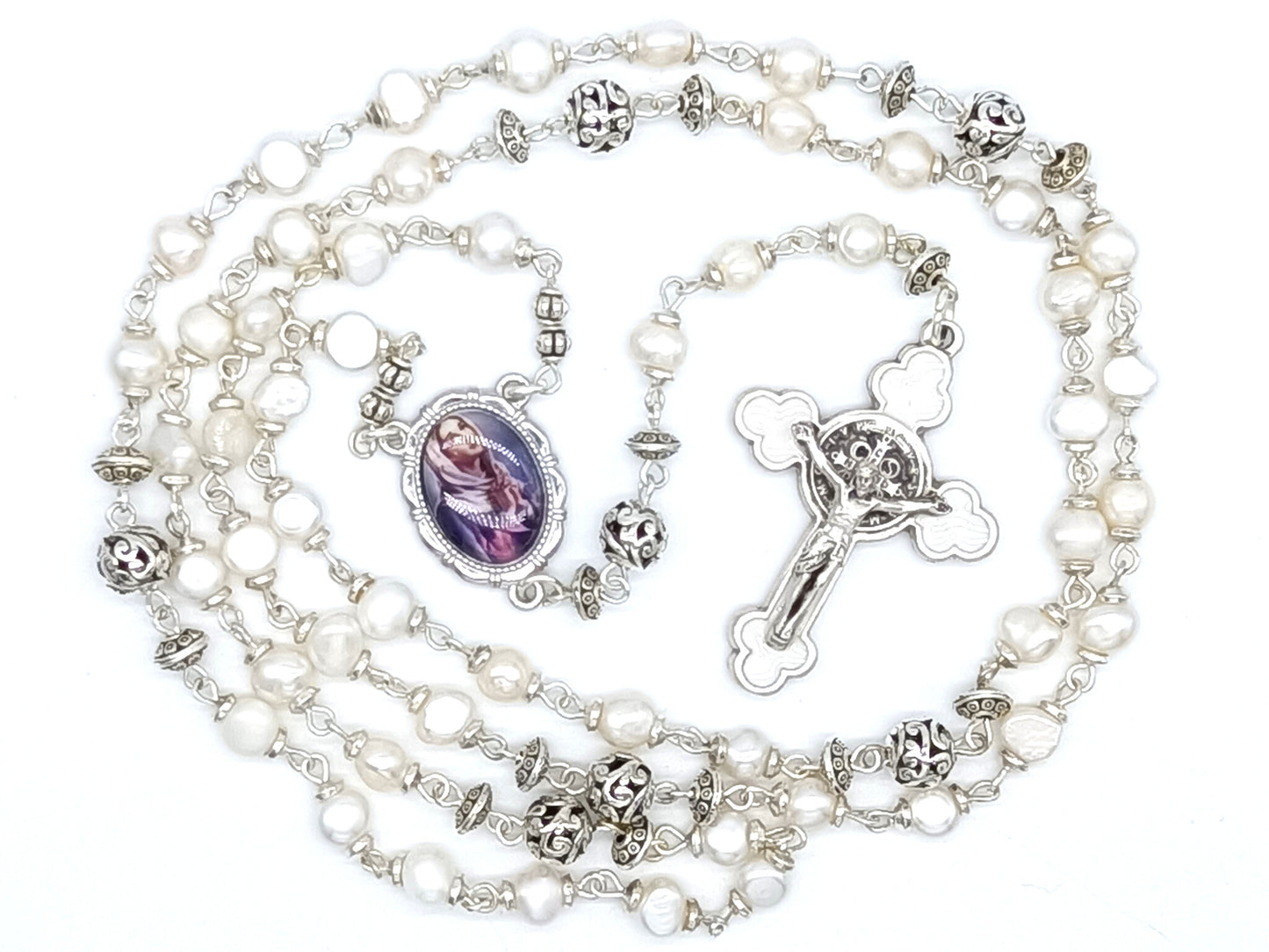 Genuine pearl unique dolor rosary with white enamel crucifix and silver Our Lady picture medal and silver dolour beads.