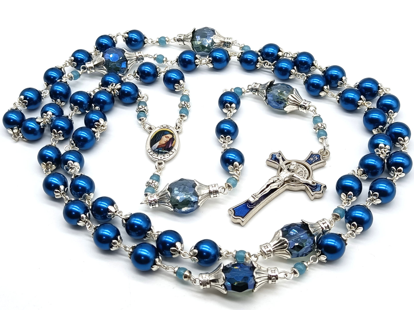 Our Lady of Sorrows unique rosary beads with blue glass beads, blue enamel crucifix and silver centre medal.