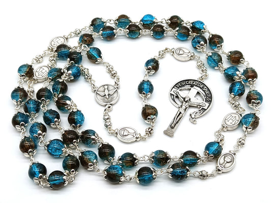 Holy Spirit unique rosary beads with blue glass beads and silver crucifix and centre medal.