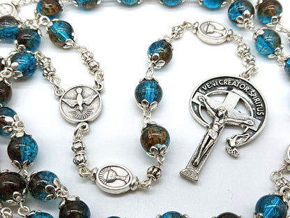 Holy Spirit unique rosary beads with blue glass beads and silver crucifix and centre medal.