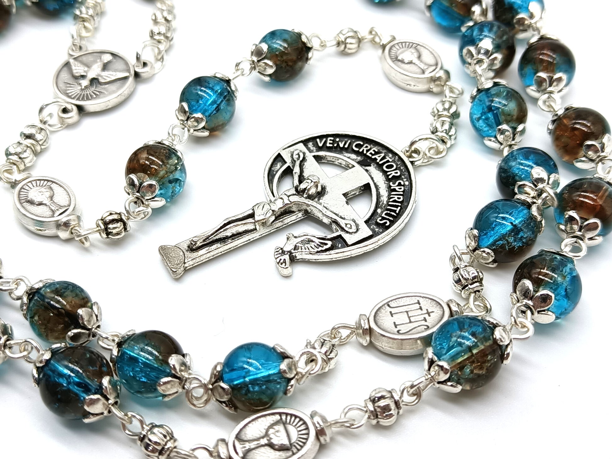 Holy Spirit unique rosary beads with blue glass beads and silver crucifix and centre medal.