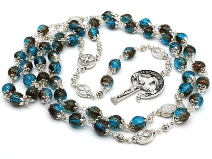 Holy Spirit unique rosary beads with blue glass beads and silver crucifix and centre medal.