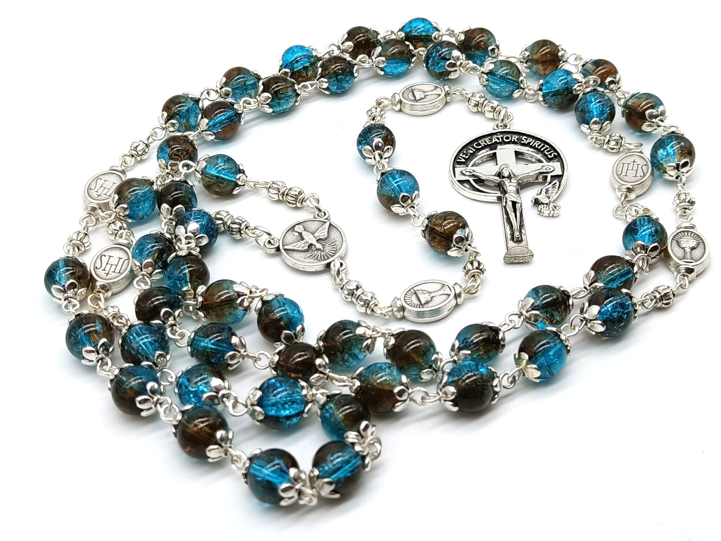 Holy Spirit unique rosary beads with blue glass beads and silver crucifix and centre medal.