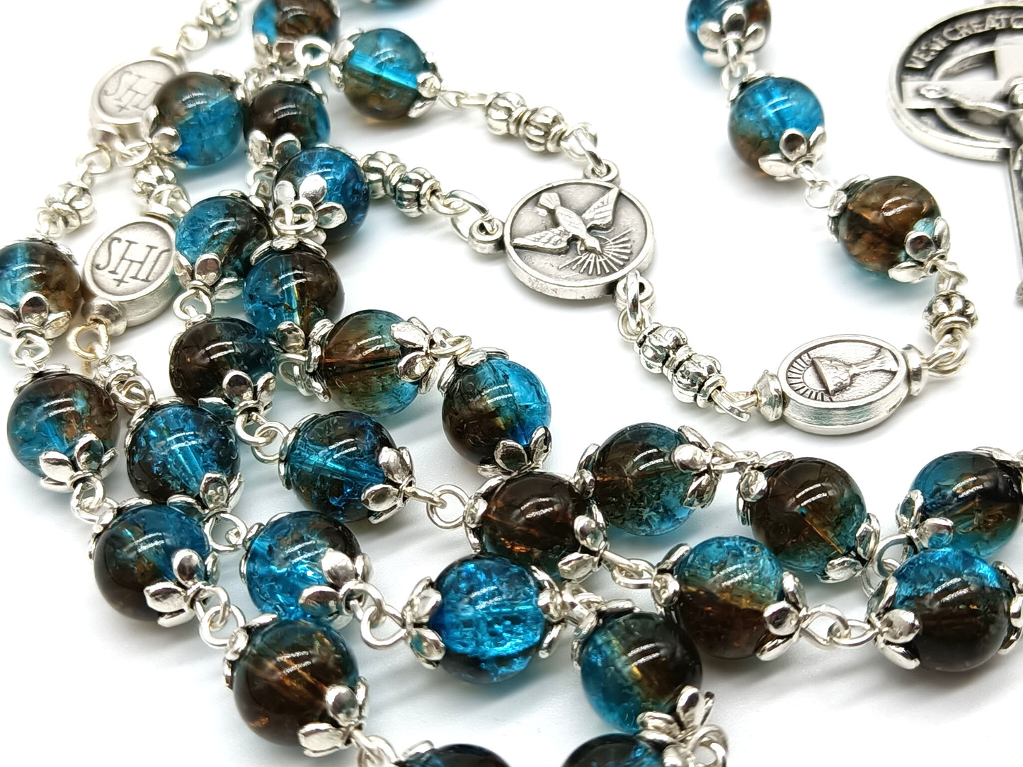 Holy Spirit unique rosary beads with blue glass beads and silver crucifix and centre medal.