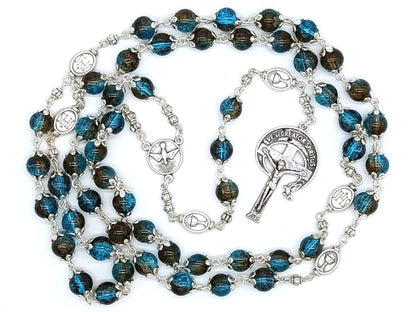 Holy Spirit unique rosary beads with blue glass beads and silver crucifix and centre medal.