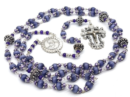 Mother & Child unique rosary beads with purple glass beads and silver crucifix and centre medal.