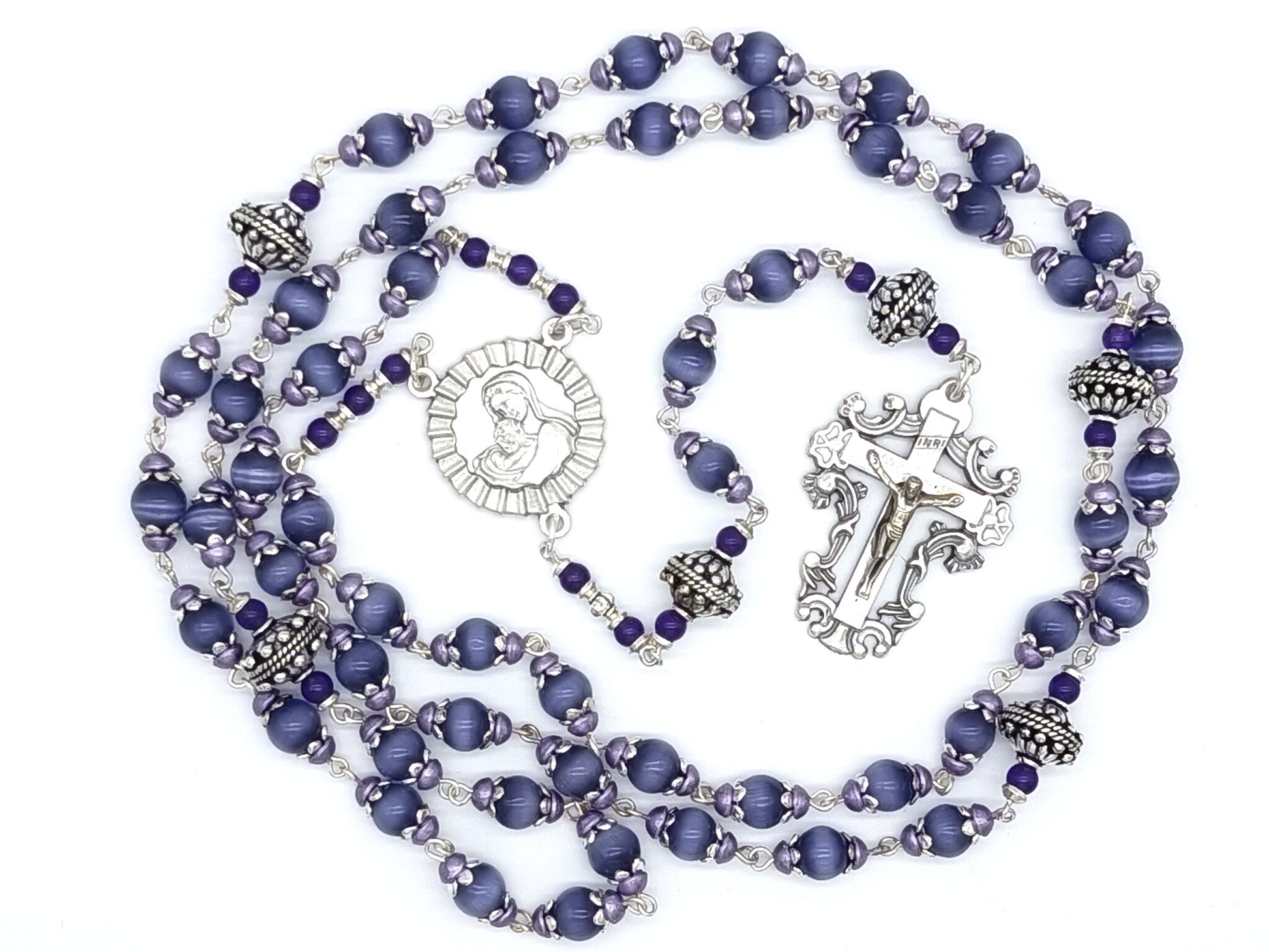 Mother & Child unique rosary beads with purple glass beads and silver crucifix and centre medal.