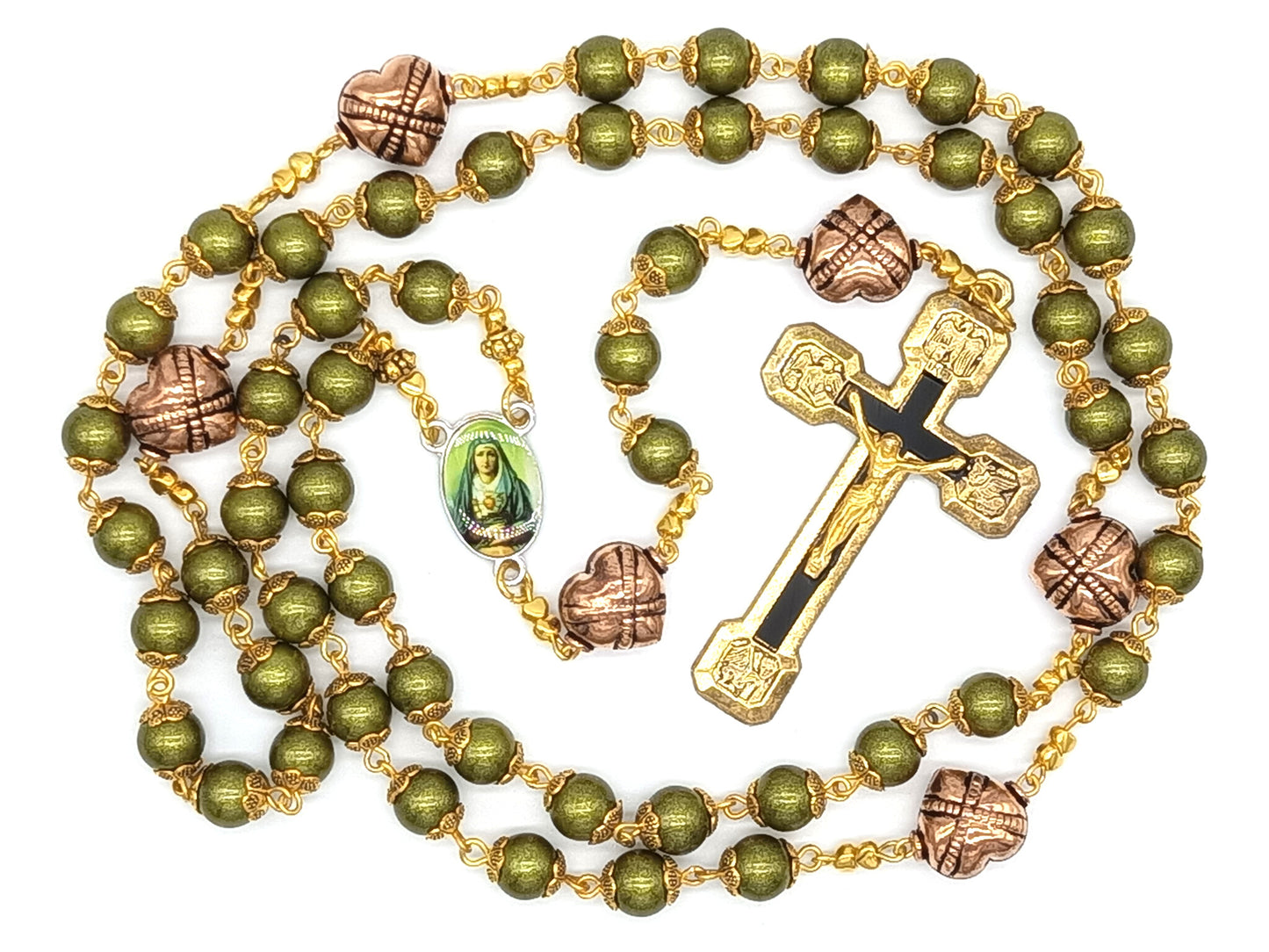 Green glass rosary with copper, gold and black crucifix and Our Lady of Sorrows medal.