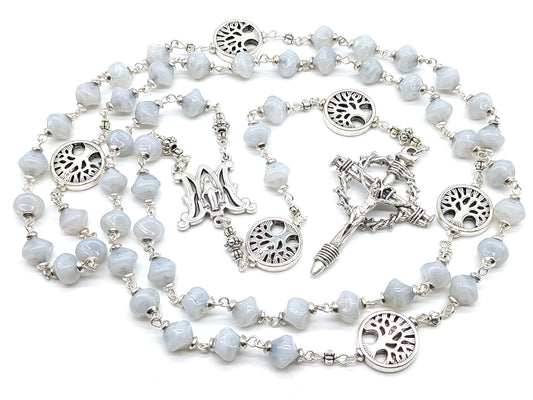 Tree of life rosary beads with white lamp glass and silver crucifix and miraculous medal centre.