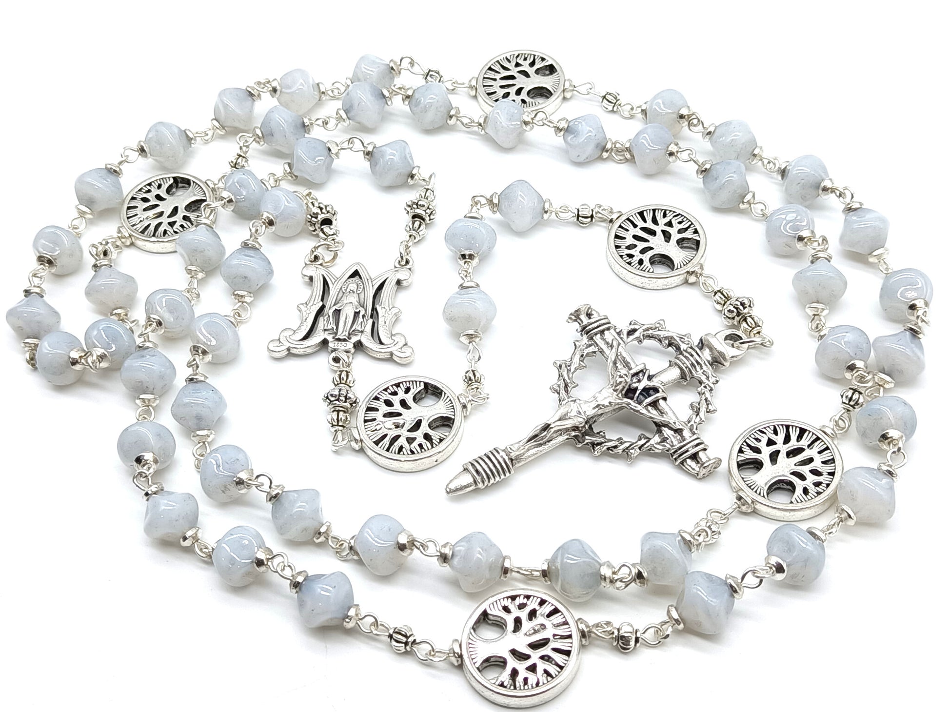 Tree of life rosary beads with white lamp glass and silver crucifix and miraculous medal centre.