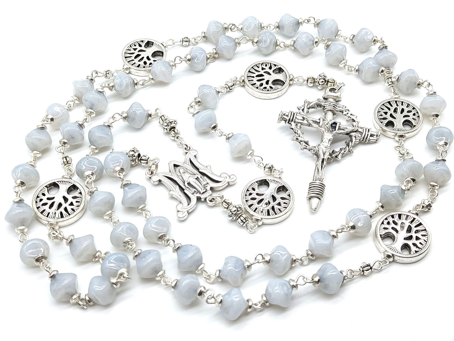 Tree of life rosary beads with white lamp glass and silver crucifix and miraculous medal centre.