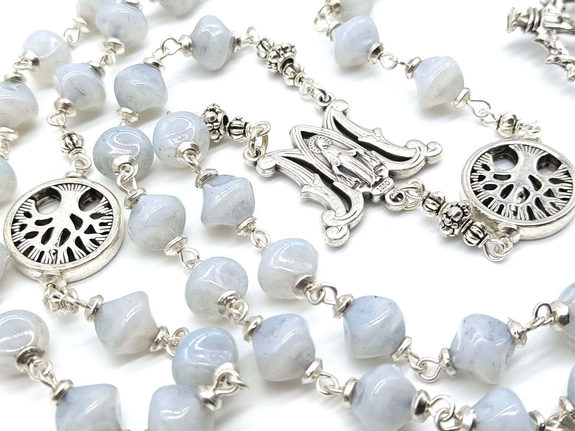 Tree of life rosary beads with white lamp glass and silver crucifix and miraculous medal centre.