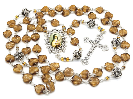 Saint Teresa Rosary beads with coffee glass and silver beads.