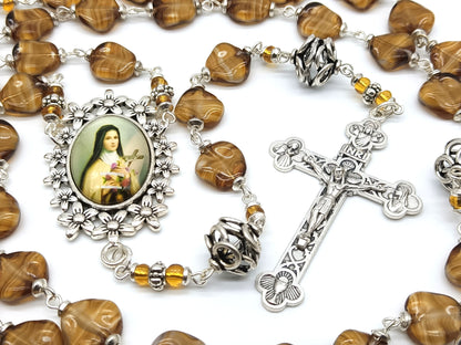 Saint Teresa Rosary beads with coffee glass and silver beads.