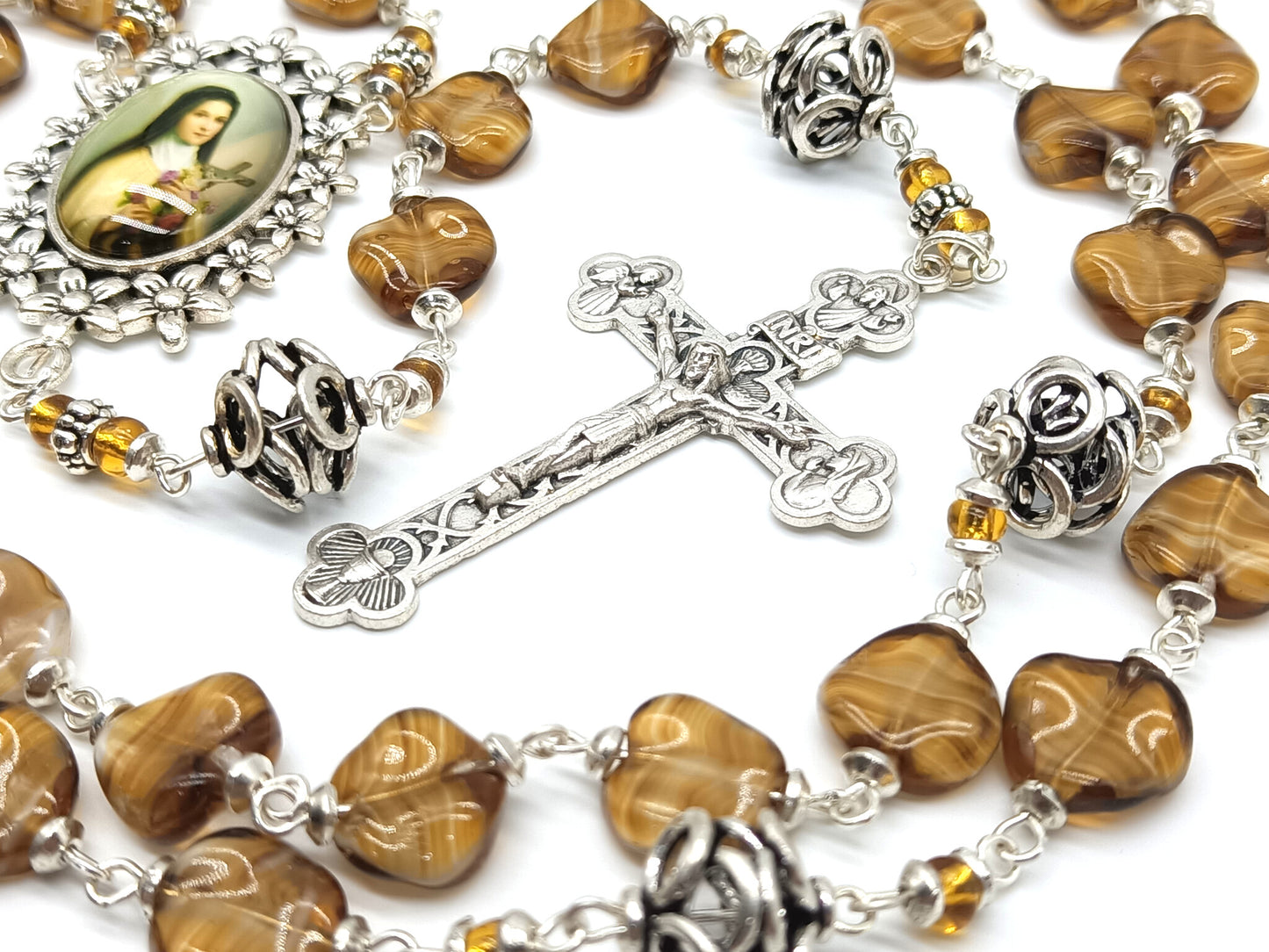 Saint Teresa Rosary beads with coffee glass and silver beads.