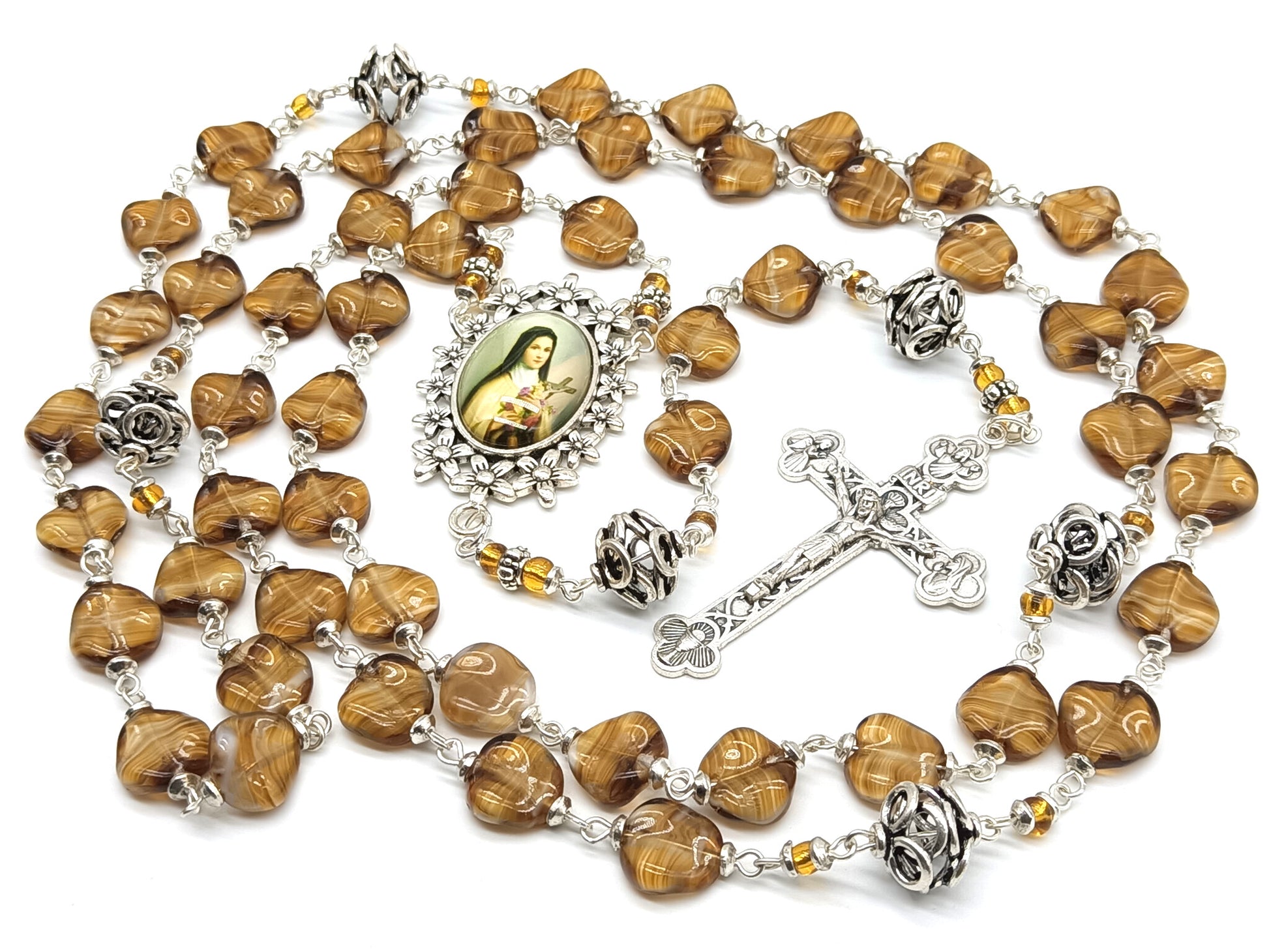 Saint Teresa Rosary beads with coffee glass and silver beads.