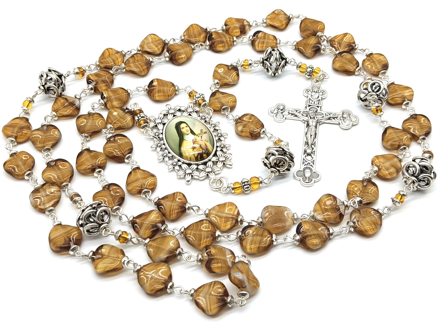 Saint Teresa Rosary beads with coffee glass and silver beads.