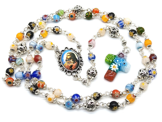Millefiori glass unique rosary beads with Jesus face centre medal, silver pater beads and millefiori crucifix.