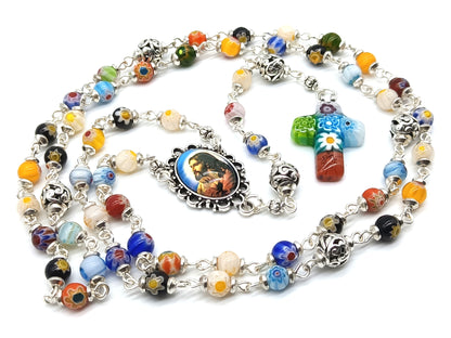 Millefiori glass unique rosary beads with Jesus face centre medal, silver pater beads and millefiori crucifix.