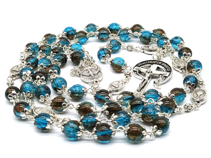 Holy Spirit unique rosary beads with blue glass beads and silver crucifix and centre medal.