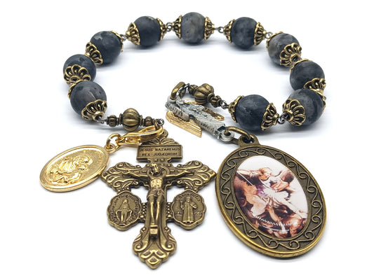 Saint Michael unique decade rosary beads with gemstone beads and bronze pardon crucifix, Saint Michael picture medal and bronze bead caps.