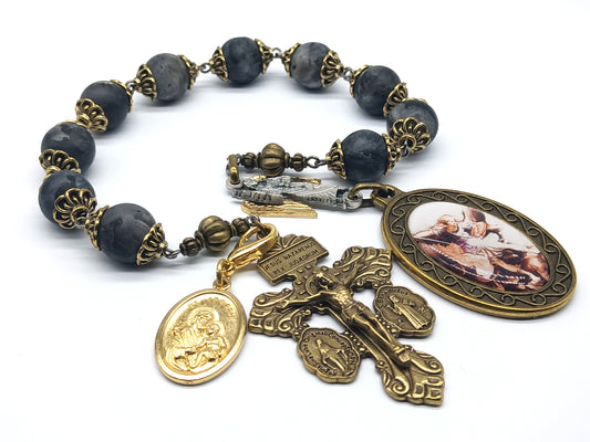 Saint Michael unique decade rosary beads with gemstone beads and bronze pardon crucifix, Saint Michael picture medal and bronze bead caps.