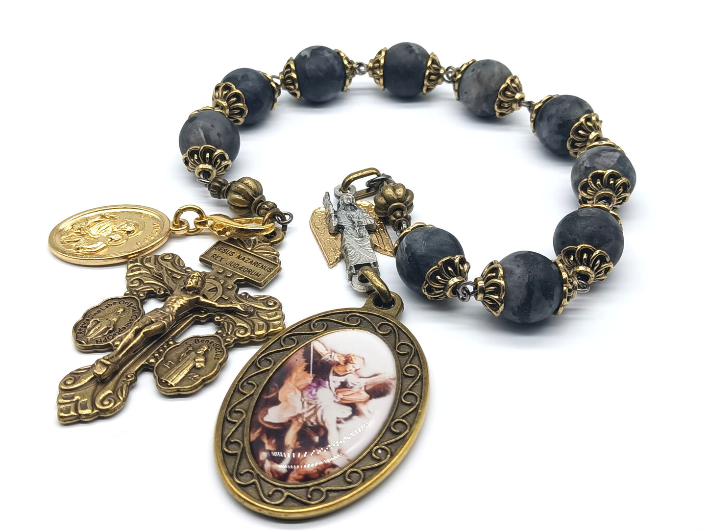 Saint Michael unique decade rosary beads with gemstone beads and bronze pardon crucifix, Saint Michael picture medal and bronze bead caps.
