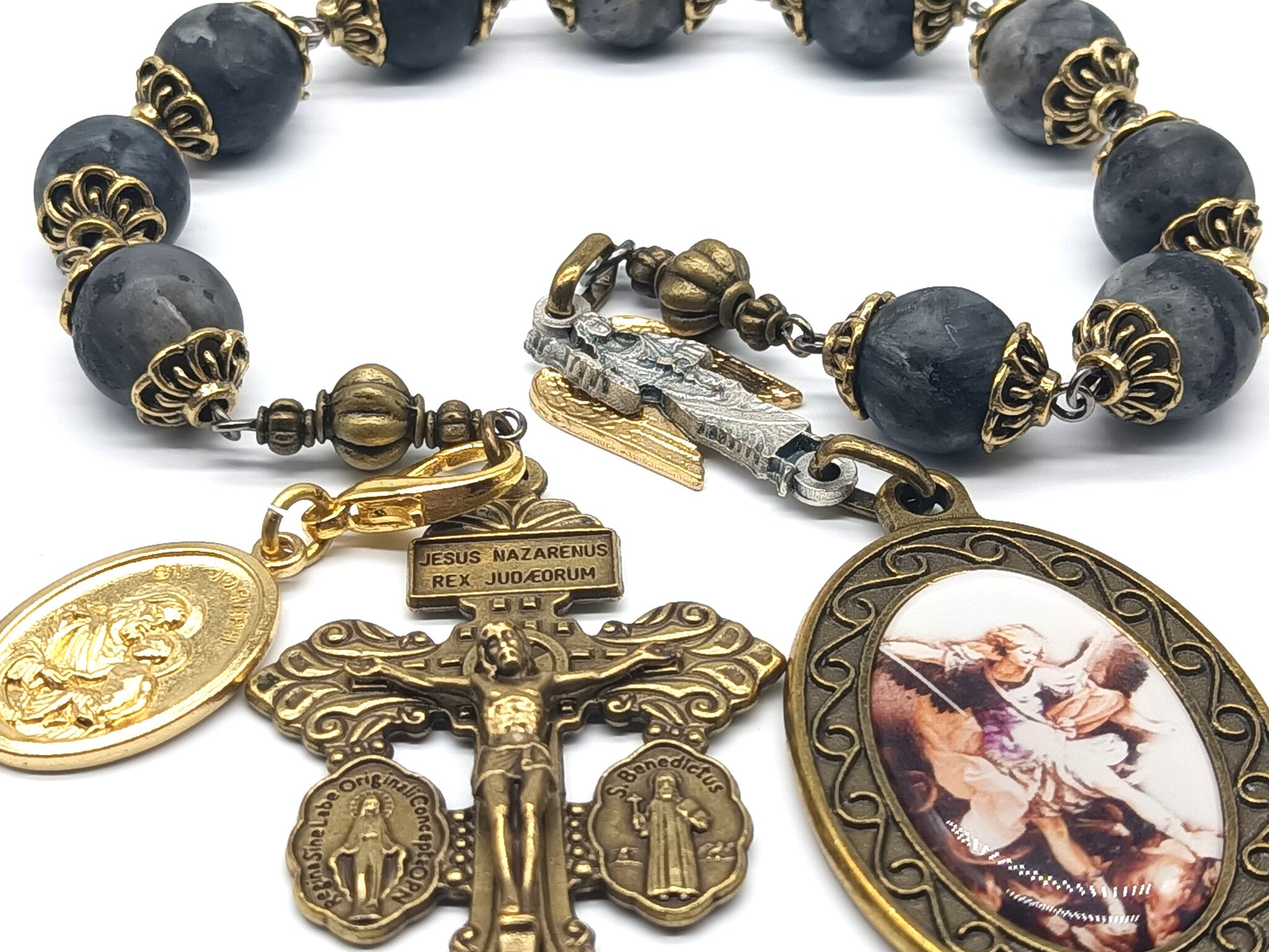 Saint Michael unique decade rosary beads with gemstone beads and bronze pardon crucifix, Saint Michael picture medal and bronze bead caps.
