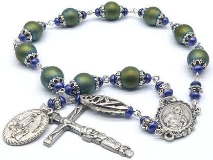Our Lady of Fatima Unique single decade rosary beads with green glass beads, blue bead caps and silver crucifix and medals.