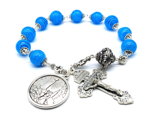 Fatima single decade unique rosary beads with blue swirl glass beads, silver pardon crucifix, pater bead and centenary centre medal.