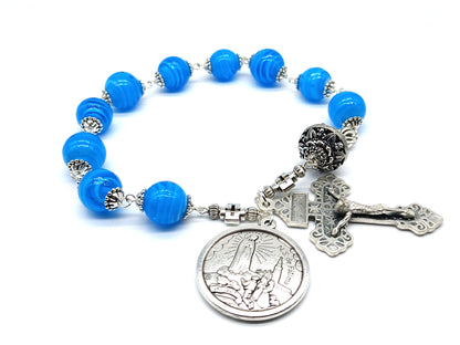 Fatima single decade unique rosary beads with blue swirl glass beads, silver pardon crucifix, pater bead and centenary centre medal.