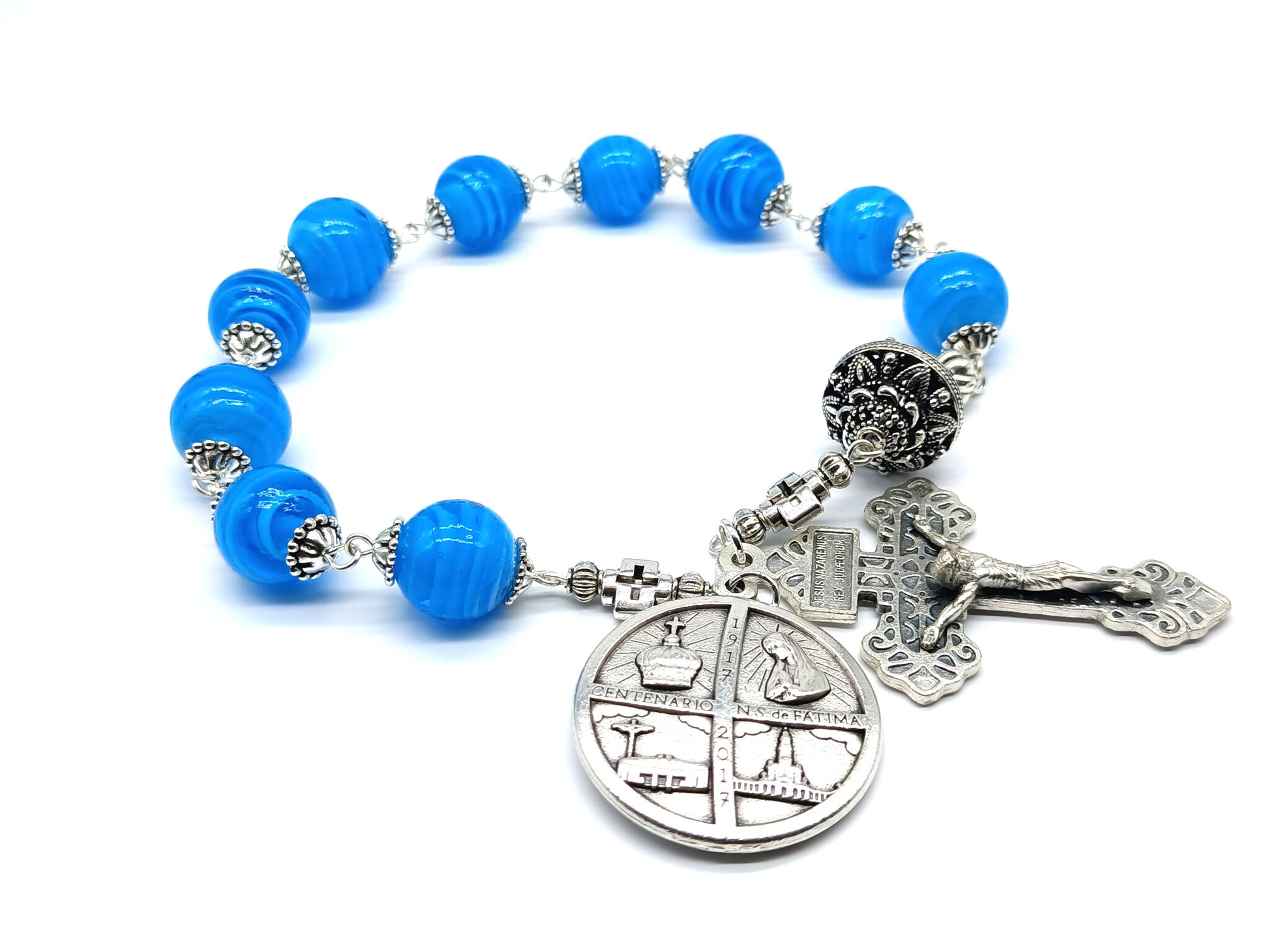 Fatima single decade unique rosary beads with blue swirl glass beads, silver pardon crucifix, pater bead and centenary centre medal.