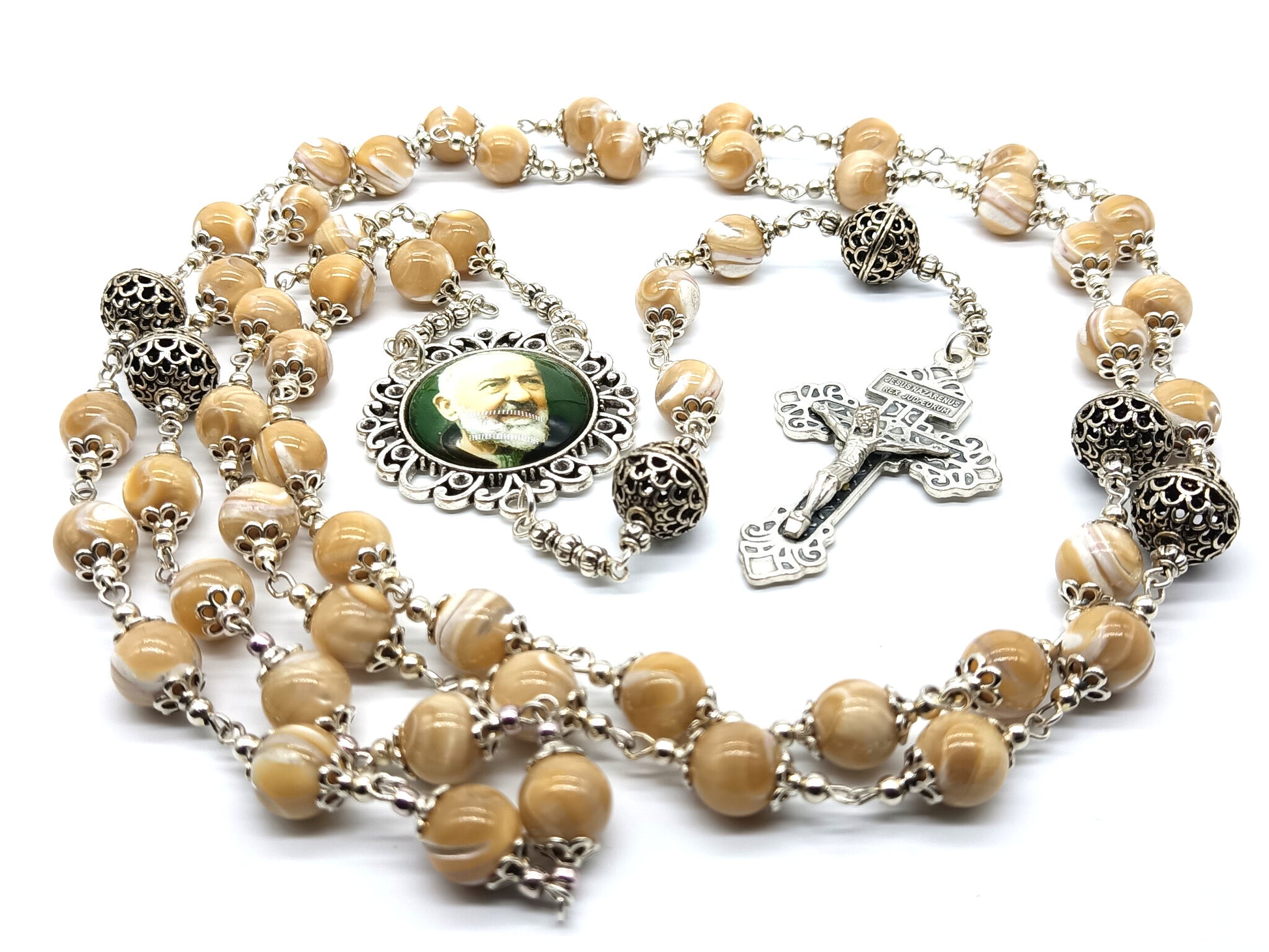 Saint Padre Pio unique rosary beads with mother of pearl beads, silver pater beads, crucifix and picture centre medal.