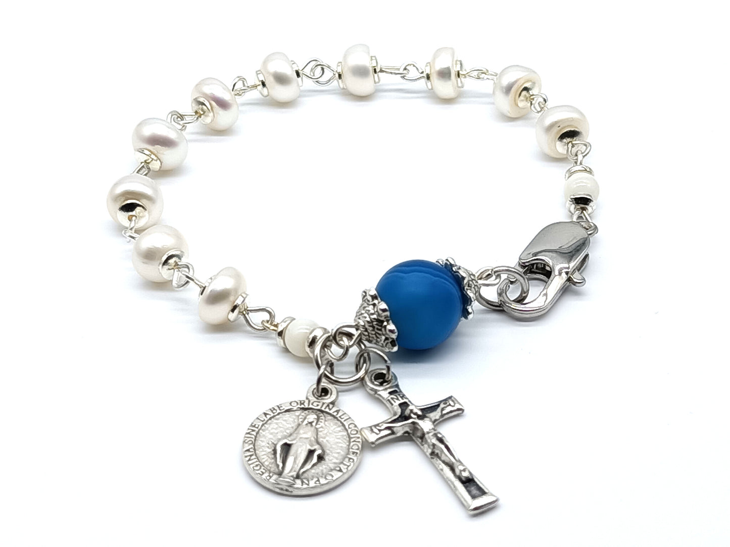 Custom unique rosary beads Genuine Pearl decade bracelet with small crucifix, miraculous medal and thistle medal.