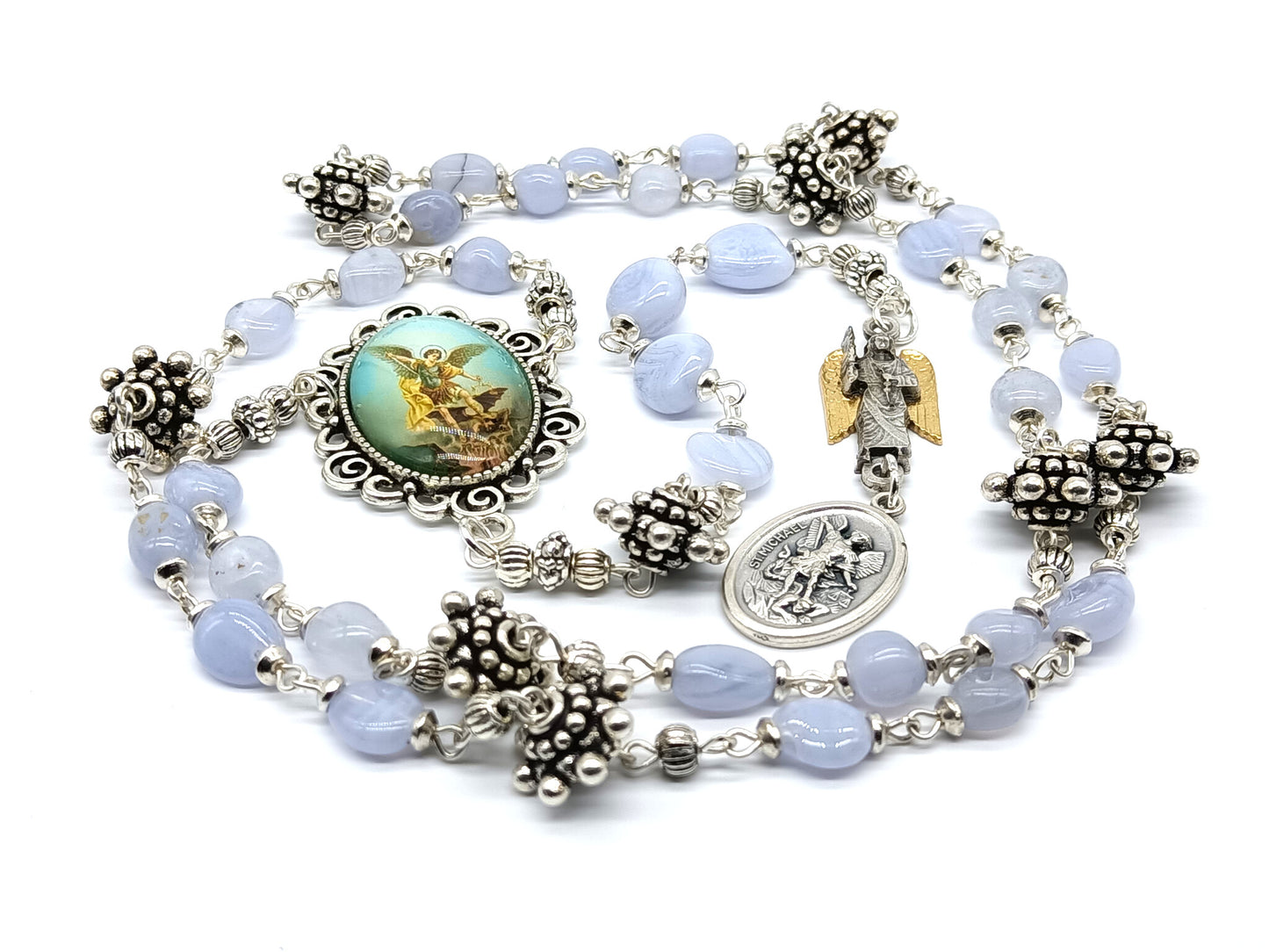 Saint Michael unique rosary beads prayer chaplet with blue agate gemstone beads, Saint Michael picture medal, angel linking medal and silver bead caps.