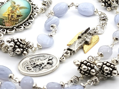 Saint Michael unique rosary beads prayer chaplet with blue agate gemstone beads, Saint Michael picture medal, angel linking medal and silver bead caps.