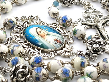 Immaculate Heart of Mary floral Porcelain unique rosary beads, with silver Pardon crucifix, Pater beads, caps, and picture centre medal.