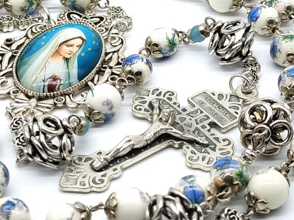 Immaculate Heart of Mary floral Porcelain unique rosary beads, with silver Pardon crucifix, Pater beads, caps, and picture centre medal.